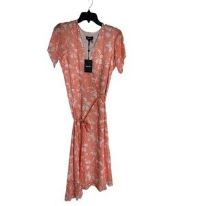 NWT $129 DKNY Floral Print Flutter-Sleeve Faux-Wrap Dress Size 10 Summer Party